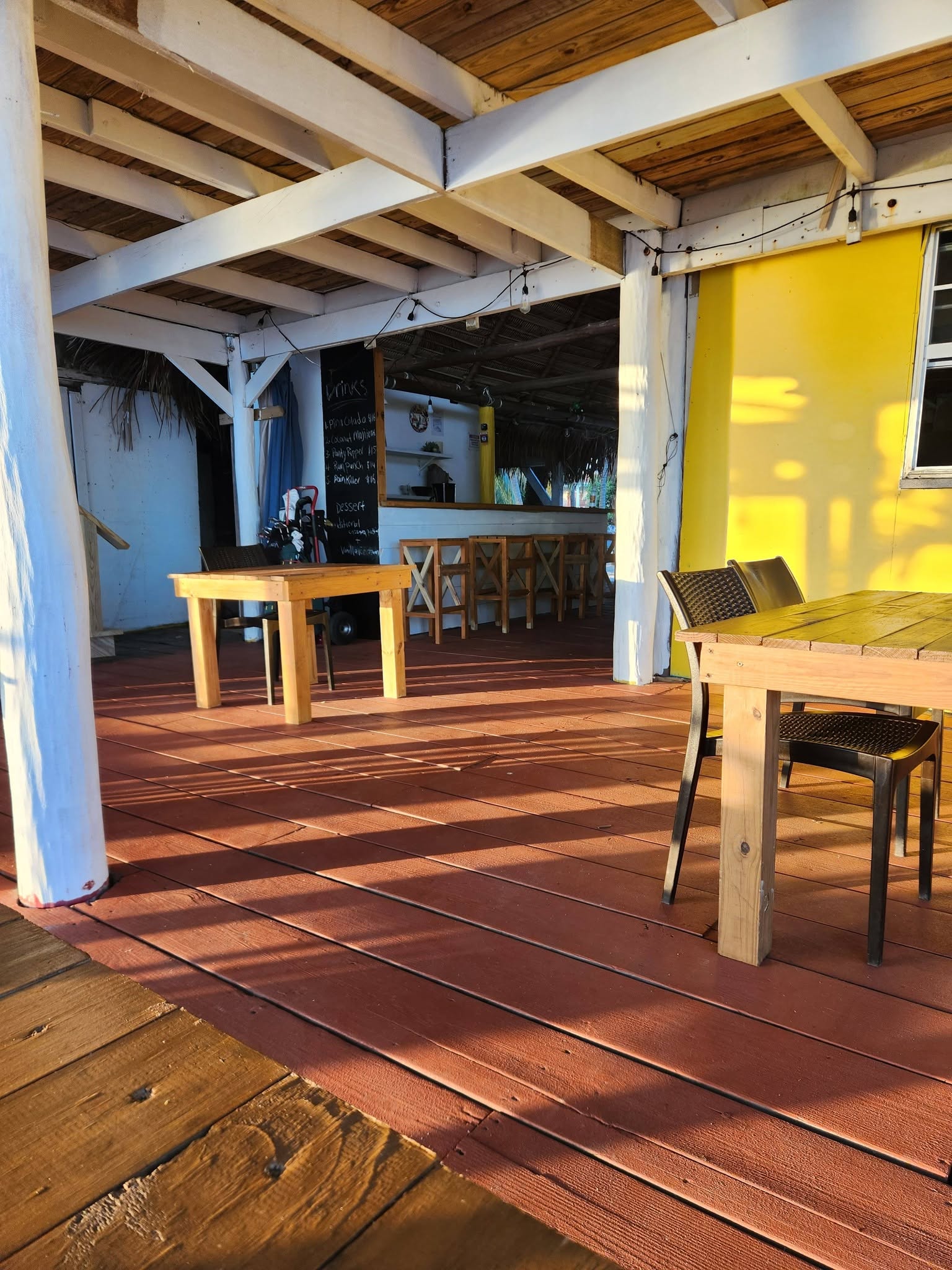 Sunlit wooden tables, yellow walls and open bar at Swinging Armadillo in Hopkins