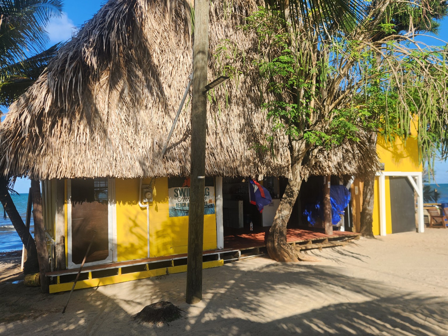 Yellow thatched-roof Swinging Armadillo building on the beachfront in Hopkins